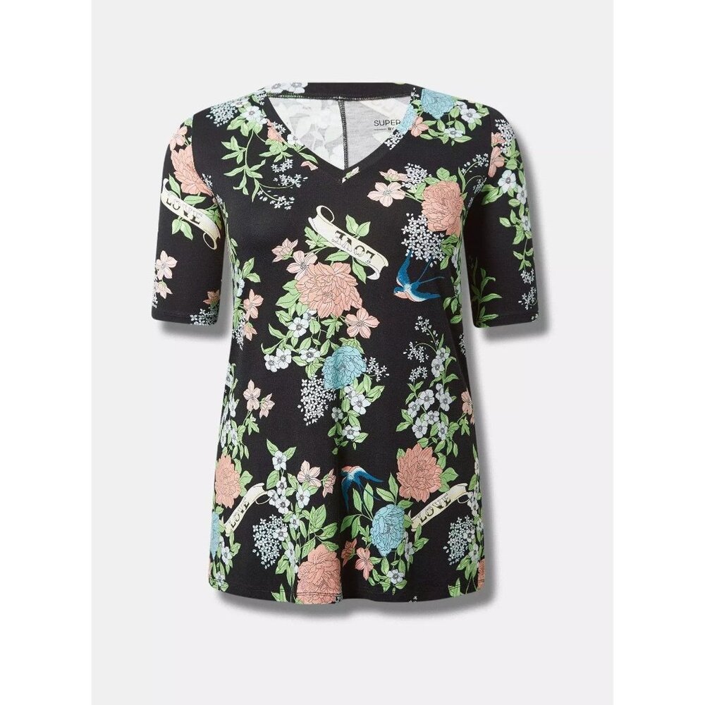 Torrid Womens Black Floral V-Neck Tunic Tee SZ 3X Short Sleeve Dark Fairy HTF - Picture 3 of 9